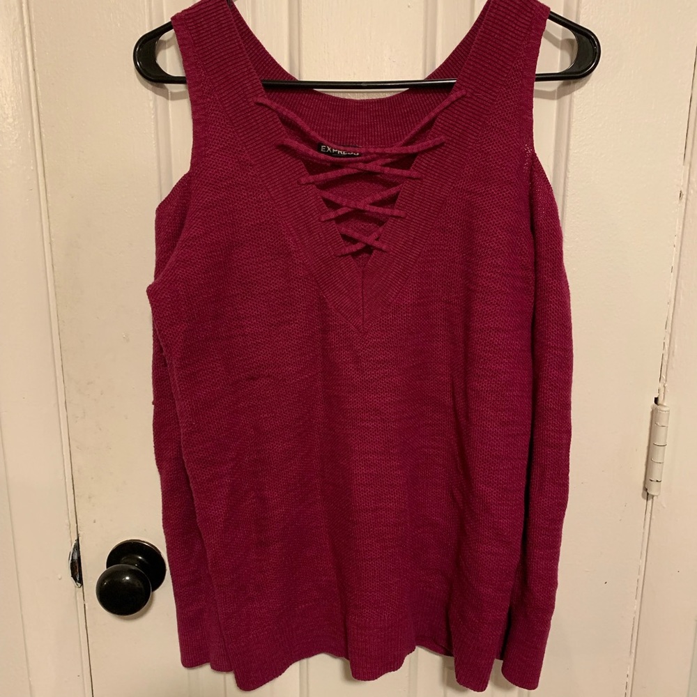 Express Magenta Lace Up Open Shoulder Sweater
